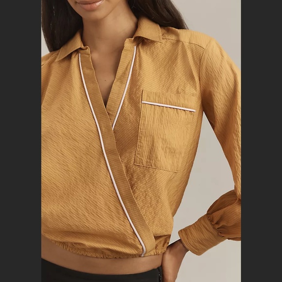 Maeve Anthropologie Long-Sleeve Piped Wrap Blouse Yellow Motif XS - Picture 1 of 12